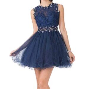 NWT Elizabeth K GS1427 Lace/Tulle Fabric Cocktail Dress Navy Size XL